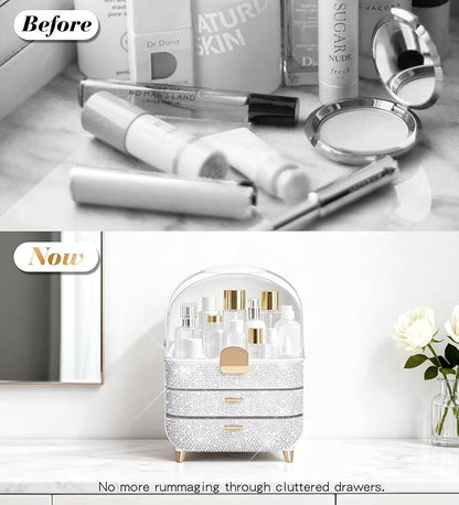 Bling Makeup Organizer Countertop, Sparkle Skincare Holder Organizer with Glitter Rhinestones, Storage Box Cosmetic Display Cases, Teen Girl Gifts Make up Organizers for Vanity, Dresser