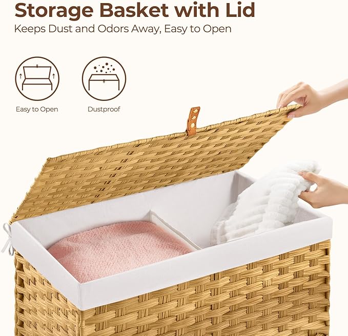 GREENSTELL Storage Basket with Lid, 42.3 Gallon(160L) Lagre Wicker Blanket Storage Basket with Handles, Foldable, 2 Removable Liner Bags, Metal Frame, for Bedroom, Laundry Room, Brown,30"*18.1"*18.1"