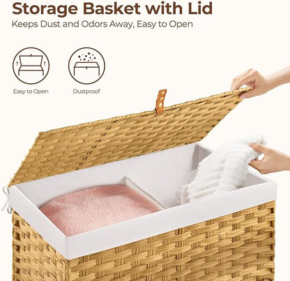GREENSTELL Storage Basket with Lid, 42.3 Gallon(160L) Lagre Wicker Blanket Storage Basket with Handles, Foldable, 2 Removable Liner Bags, Metal Frame, for Bedroom, Laundry Room, Brown,30"*18.1"*18.1"