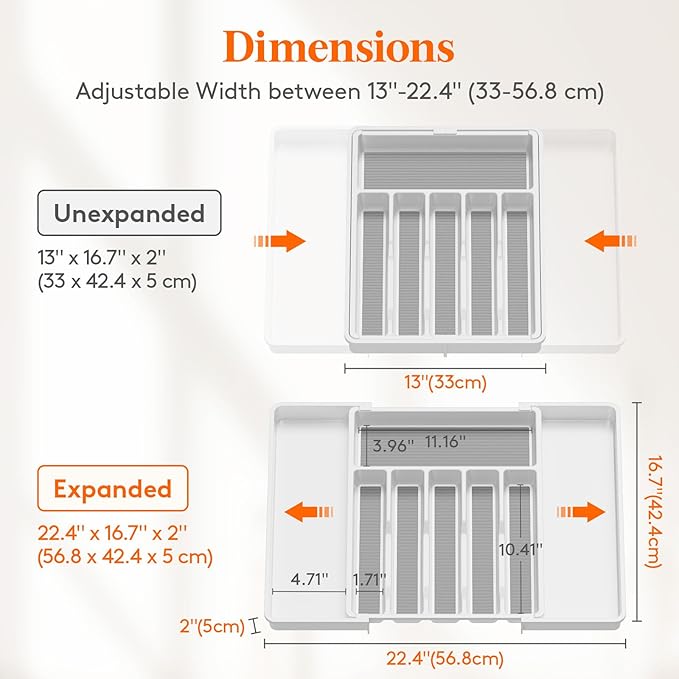 Lifewit Silverware Drawer Organizer, Expandable Utensil Tray for Kitchen, BPA Free Flatware and Cutlery Holder, Adjustable Plastic Storage for Spoons Forks Knives, 33 -57 x 42cm, White and Gray