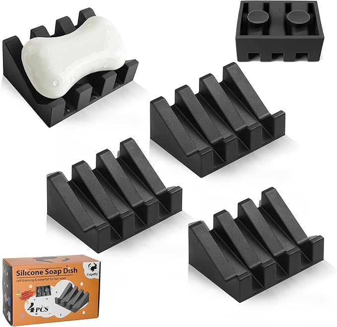 Soap Dish Holder for Shower with Suction Cup, Silicone Soap Holder & Saver Self-Draining Bar Soap Dish Keeps Soap Dry for Bathroom, Kitchen, Bathtub, Extends Soap Life (Black-4Pack)