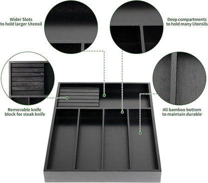 VaeFae Bamboo Silverware Organizer, Utensil Holder for Drawer, Wooden Cutlery Tray with Divider for Kitchen Drawer, Utensil Organizer with Knife Block（Black）
