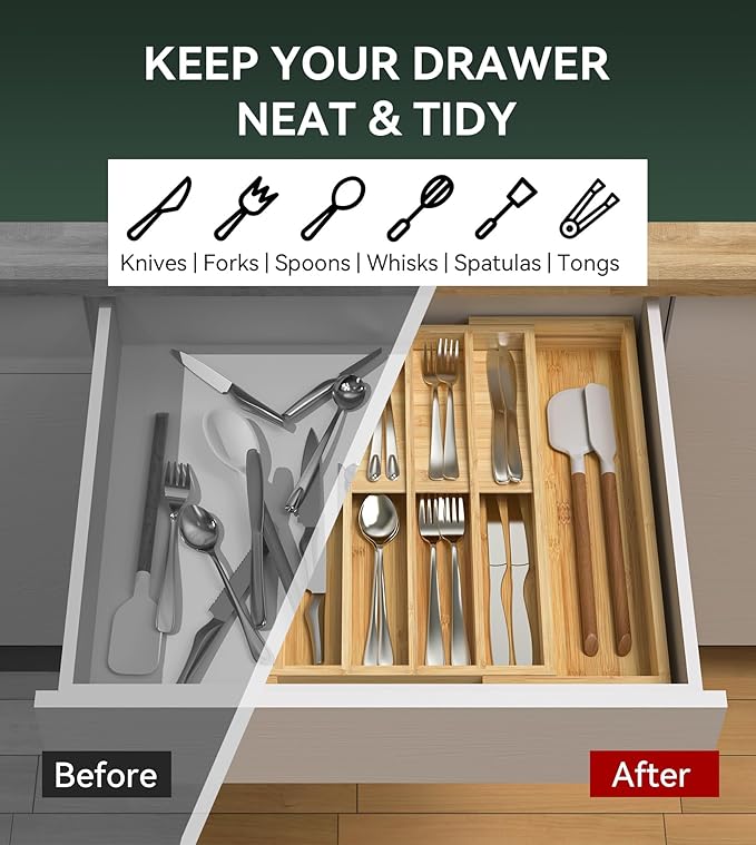 Expandable Silverware Organizer, Utensil Drawer Organizer & Cutlery Tray Dividers for Spoons Forks Knives (12 Slot,Natural Bamboo), 16.7”D x 13"-20”W x 1.97 “H