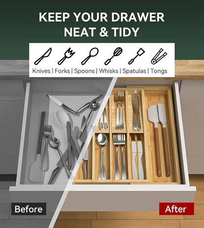 Expandable Silverware Organizer, Utensil Drawer Organizer & Cutlery Tray Dividers for Spoons Forks Knives (12 Slot,Natural Bamboo), 16.7”D x 13"-20”W x 1.97 “H