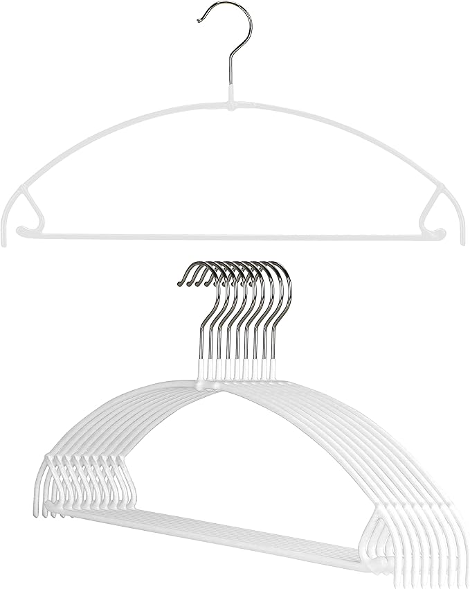 Mawa by Reston Lloyd Euro Ultra Light/Thin Series, Non-Slip Space Saving Clothes Hanger with Bar & Hook for Pants and Skirts, Style 42/PTU, Set of 10, White