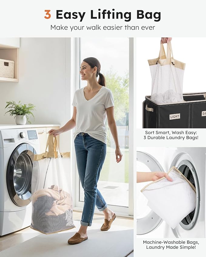 SOLEDI 200L 3-Section Laundry Hamper with Lid, Extra Large Dirty Clothes Basket with Sturdy Handles for Laundry Room & Bedroom - Durable Organizer for Sorting Laundry