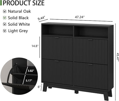Xixini Shoe Cabinet with 4 Flip Drawers, 46" Tall Narrow Fluted Shoe Storage Organizer for Entryway, Hidden Slim Wooden Shoe Rack Cabinet for Front Door Entrance, Hallway, Living Room, Solid Black