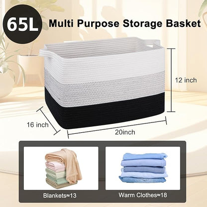 OIAHOMY Large Blanket Basket, 65L Cotton Rope Woven Laundry Basket, Toy Bin for Baby Room, Container for Blanket Storage in Living Room, 20''×16''×12'', Gradient Black