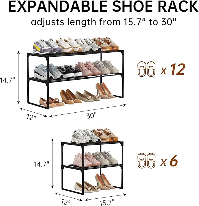 HAIXIN Expandable Shoe Rack - 2 Tier Adjustable Shoe Organizer Storage Shelf for Closet, Upright and Upside Down, Stackable Small Shoe Stand for Entryway, Living Room, Front Door
