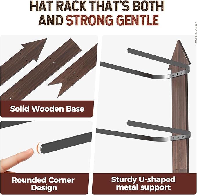 Cowboy Hat Rack for Wall, Cowboy Hat Holder Wall Mount Holds up to 6 Hats, Wooden Western Rustic Metal Hat-Organizer with Arrow Sign Board, Display and Decor Rack for Fedora, Sun Hats,Baseball Caps
