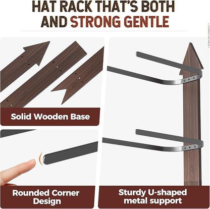 Cowboy Hat Rack for Wall, Cowboy Hat Holder Wall Mount Holds up to 6 Hats, Wooden Western Rustic Metal Hat-Organizer with Arrow Sign Board, Display and Decor Rack for Fedora, Sun Hats,Baseball Caps