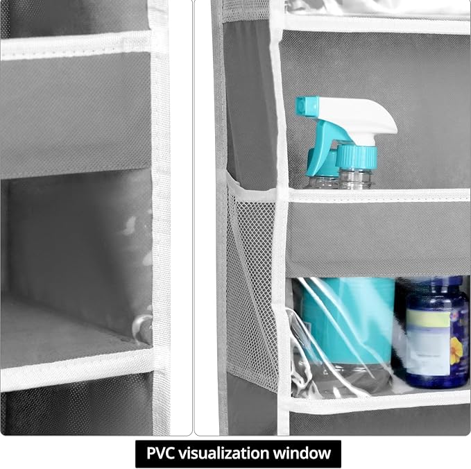 QWORK Over Door Organizer with 5 Large Pockets, 10 Mesh Side Pockets, Door Hanging Organizer for Diapers, Towels, 44lbs Weight Capacity, Grey