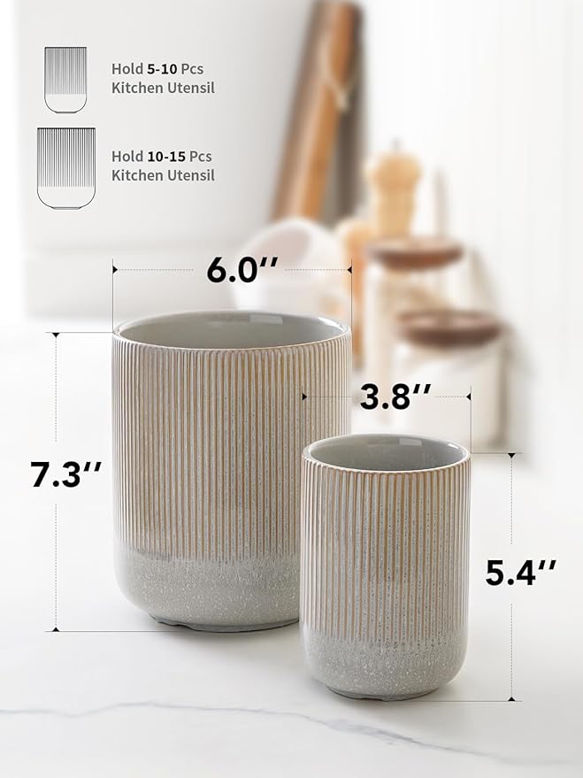 LE TAUCI Utensil Holder for Kitchen Counter, 7.3"+5.4" Fluted Ceramic Utensil Crock Organizer for Countertop, Heavy Large Holder for Spatulas, Spoons, Set of 2, Gray Marble