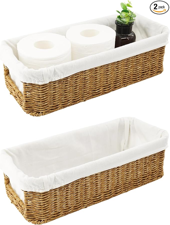 YRMT Rattan Toilet Tank Basket Toilet Paper Storage Baskets for Bathroom Handwoven Toiletry Countertop Organizer Water-Resistant Home Decor 14" x 6" x 4" (Rattan)