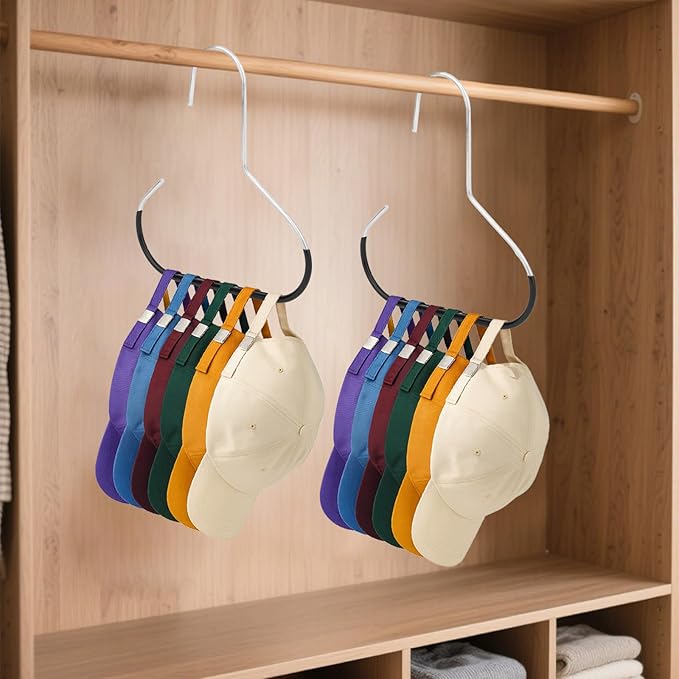 lasuroa 2pcs Hat Organizers, Hat Storage Hook Stainless Steel Space-Saving Hanger Holder Rack for Baseball Caps & Accessories for Closet Black
