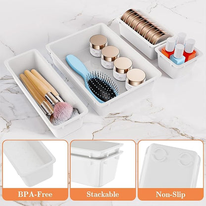 SpaceHacks 25 PCS Plastic Drawer Organizer Set, 4-Size Versatile Organizer Trays & Storage Bins for Makeup, Jewelry, and Gadgets in Bathroom, Bedroom and Office, White