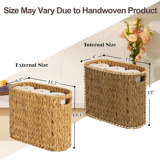 FairyHaus Wicker Toilet Paper Storage Basket with Buit-in Handles, 9 Rolls Natural Water Hyacinth Toilet Paper Holder Stand with Storage, Freestanding Handwoven Toilet Paper Holder Basket for Bathroom