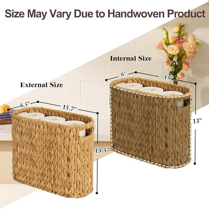 FairyHaus Wicker Toilet Paper Storage Basket with Buit-in Handles, 9 Rolls Natural Water Hyacinth Toilet Paper Holder Stand with Storage, Freestanding Handwoven Toilet Paper Holder Basket for Bathroom