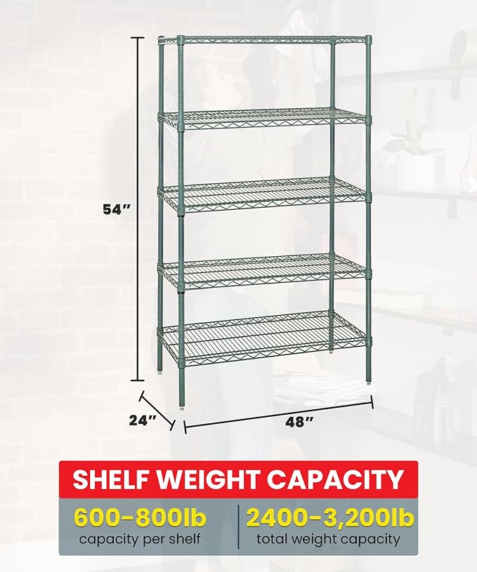 QUANTUM STORAGE SYSTEMS WR54-2448P-5 Starter Kit Wire Shelves Green Epoxy 5 Shelves 54" H x 48" W x 24" D