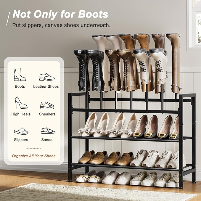Free Standing Shoe Racks, 4-Tier Boot Rack Organizer for Tall Boots, Sneakers, High-Heel, Black Metal Shoe Storage for Dorm Room, Closet, Entryway, Hallway, Black, Holds 6 Pairs