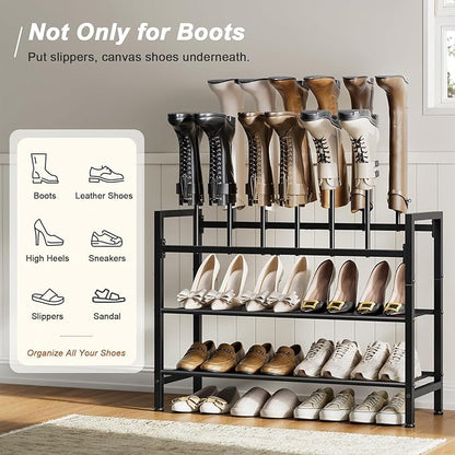 Free Standing Shoe Racks, 4-Tier Boot Rack Organizer for Tall Boots, Sneakers, High-Heel, Black Metal Shoe Storage for Dorm Room, Closet, Entryway, Hallway, Black, Holds 6 Pairs