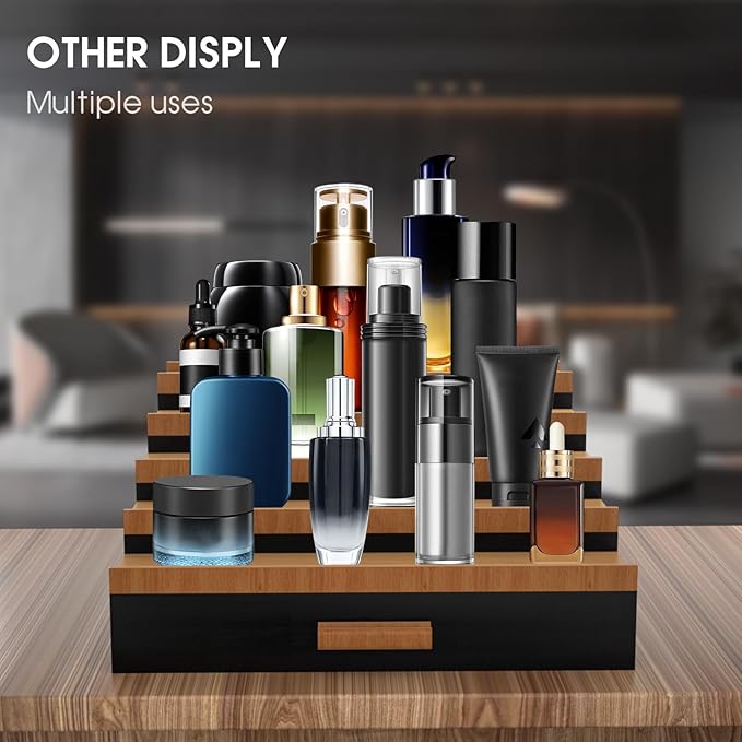 Sephyroth Cologne Organizer 5 Tier of Elegant Bamboo Perfume Organizer for Men with Hidden Storage and Practical Drawer, Perfect for Cologne Display & Gift (5T-BlackWalnut)