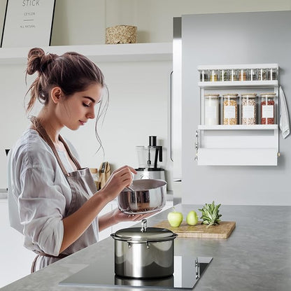 Magnetic Spice Rack Organizer Single Tier Refrigerator Spice Storage Shelf, Easy to Install The Side of The Refrigerator Can Hold spices, Jar of Olive Oil (White L)