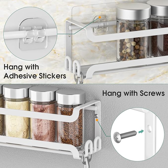 LUCYCAZ 2 Pack Wall Mounted Spice Rack with 8 Hooks, Spice Organizer Shelf for Stove Cabinet Pantry Door,Screw or Adhesive Spice Shelf Hanging Wall Spice Rack in Kitchen and RV (White, 2 PACK)