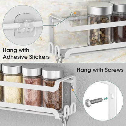 LUCYCAZ 2 Pack Wall Mounted Spice Rack with 8 Hooks, Spice Organizer Shelf for Stove Cabinet Pantry Door,Screw or Adhesive Spice Shelf Hanging Wall Spice Rack in Kitchen and RV (White, 2 PACK)