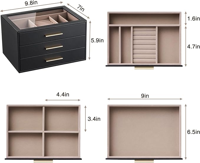 pickpiff Jewelry Box Organizer Case for Women: 3-Layer Jewelry Storage Case with Glass Window, Black Leather with Blush Velvet, Holder for Ring Necklace Bracelet Brooch Watch, Great Gift for Her