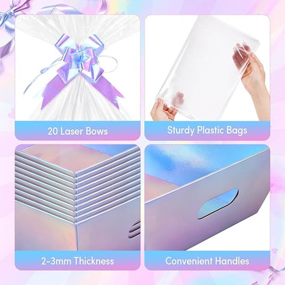 AFOROEOA 20PACK Laser Baskets For Gifts Empty, 12x10x4” Holographic Iridescent Gift Basket Kit with 20 Bows & 20 Bags - Bulk Empty Gift Baskets to Fill for Large Weddings, Parties