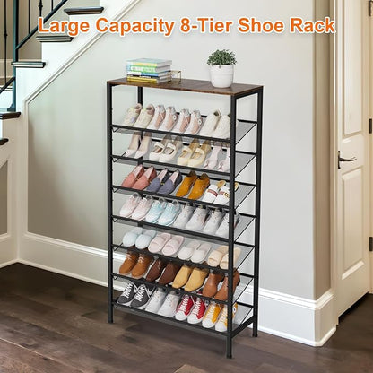 Large Shoe Rack 8 Tier Shoe Organizer, Heavy Duty Metal Shoe Storage Vertical Shoe Rack for Closet Front Door Entrance, Up to 28 Pairs, Top Wooden Storage Shelf, Black