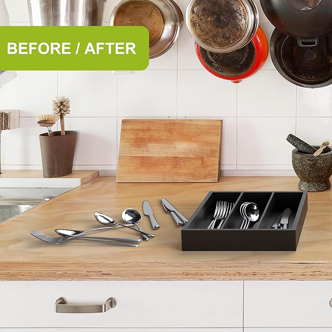 Unibambou Bamboo Utensil Drawer Organizer, Silverware Tray Organizer, Kitchen Drawer Organizer for Flatware Cutlery (Black, 3 Slots)
