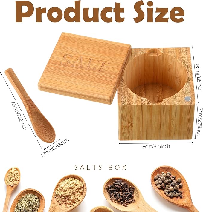 Honeydak Bamboo Salt Cellar Bamboo Storage Box with Magnetic Swivel Lid Wooden Spoon Wood Spice Storage Box Salt Container for Kitchen, 6 oz