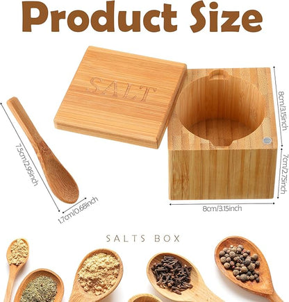 Honeydak Bamboo Salt Cellar Bamboo Storage Box with Magnetic Swivel Lid Wooden Spoon Wood Spice Storage Box Salt Container for Kitchen, 6 oz