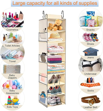 Large-Sized Hanging Shoe Organizer 8-Shelf, Hanging Closet Organizer with 8 Side Pockets, Wider Hanging Shelves for Storage Shoes Clothes 9" W × 11.8" D× 48" H, Beige.