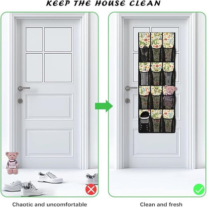 Frog Floral Over the Door Shoe Organizer,Hanging Storage Bags with 12 Mesh Large Pockets,Hanging Shoe Storage Hanging Bag