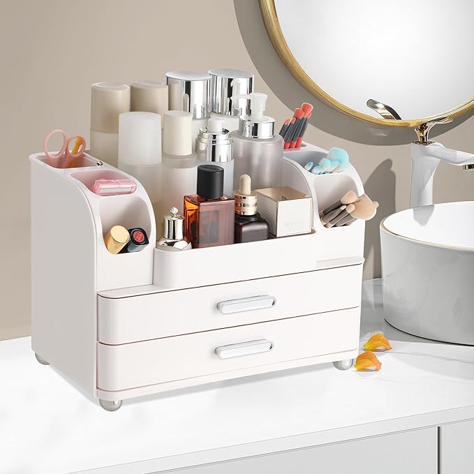 Large Makeup Organizer Countertop with Drawers, Make Up Organizer for Vanity, Makeup Storage Organizer Countertop Makeup Organizers for Skincare, All White