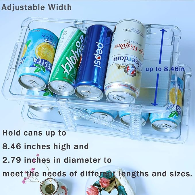 2 Pack Soda Can Dispenser for Refrigerator,Adjustable Width Soda Can Organizer,Stackable Drink Organizer for Fridge,Pantry,Cabinet,Soda Holder for Refrigerator