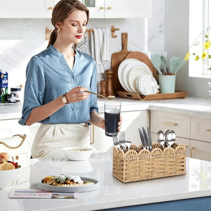 Scalloped Paper Rope Utensil Holder for Party Silverware Caddy 3 Compartment Utensil Basket Small Cutlery Holder for Party Kitchen Table Countertop Spoon Knives Fork Flatware Caddy Basket
