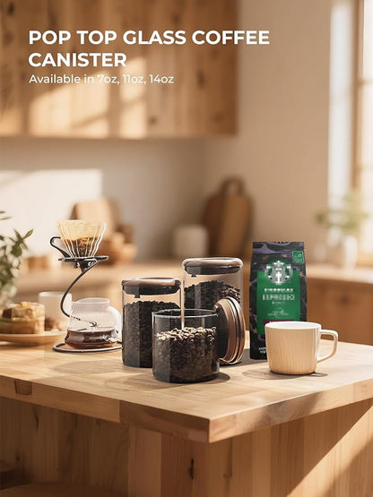 10 oz Coffee Canister, Airtight Glass Coffee Container for Ground Coffee & Beans, UV-Resistant Borosilicate Jar with CO2 Valve, Pop-Top Lid for Coffee Bar & Kitchen Counter