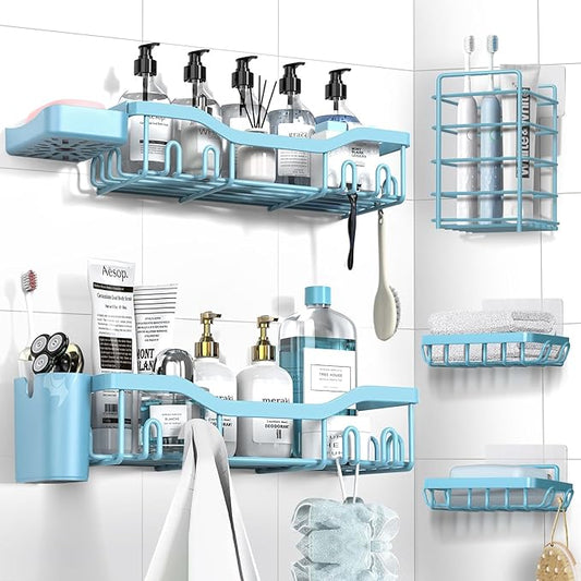 NESOMI Shower Caddy Adhesive Shower Organizer 7-Pack, Rustproof Stainless Steel Bathroom Shelves, Large Capacity No-Drill Rack Storage Accessories with Soap Dish Toothbrush Holder Hooks