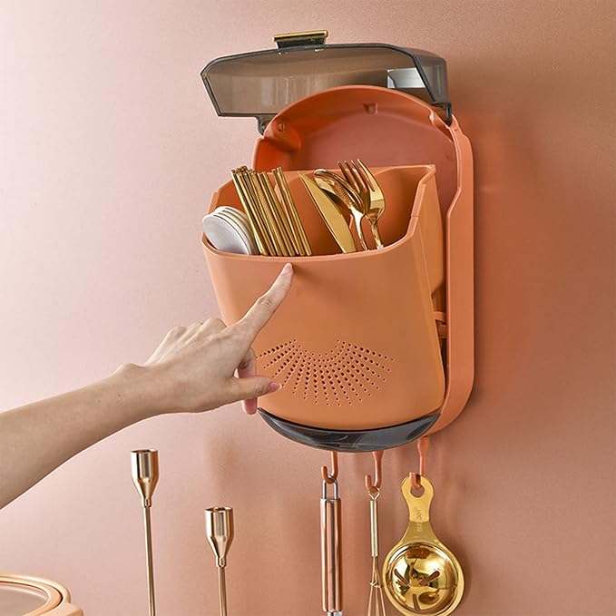 Hanging Plastic Chopstick Holder, 3 Compartments Wall Mounted Utensil Rack Draining Utensil Storage Cutlery Holder with Cover and Hook for Kitchen Countertop(Orange)