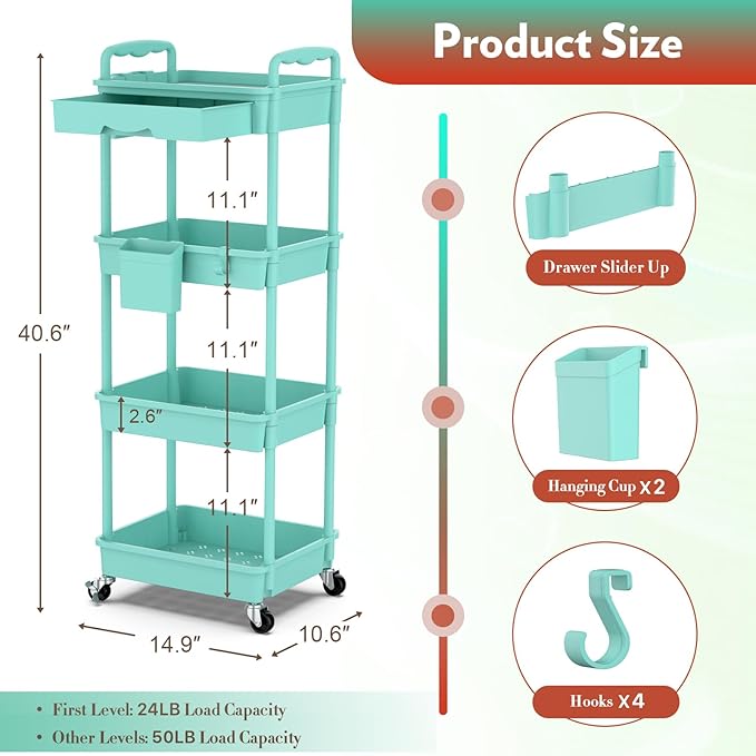 SUNALLY Makeup Cart Organizer with Drawers, 4 Tier Floor Skincare Organizers for Vanity, Rolling Makeup Bathroom Storage Cart Cosmetics Display Cases for Skin Care Perfume Nail Polish, Blue