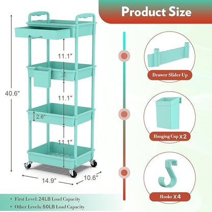 SUNALLY Makeup Cart Organizer with Drawers, 4 Tier Floor Skincare Organizers for Vanity, Rolling Makeup Bathroom Storage Cart Cosmetics Display Cases for Skin Care Perfume Nail Polish, Blue