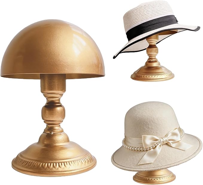 CHADWICK Hat Stand Vintage Style Dome Shape Freestanding Hat Stands for Display Metal Hat Display Stand Cowboy Hat Rack Wig Holder Hat Rack Stand Helmets Wigs Hats Caps Stand (Golden)