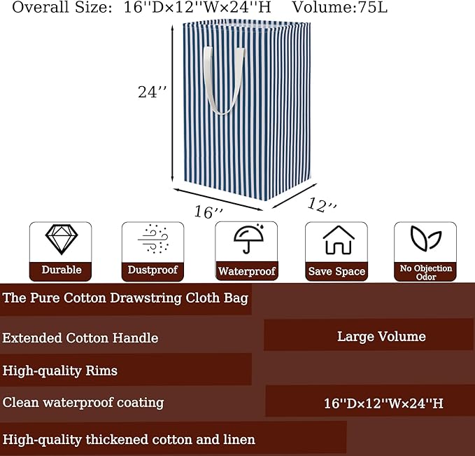 Waterproof Laundry Hamper 75L Collapsible Laundry Basket Extended Cotton Handle Laundry Bag Large Clothes Storage Toy Organization for Bathroom Bedroom Laundryroom College Dorms