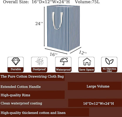 Waterproof Laundry Hamper 75L Collapsible Laundry Basket Extended Cotton Handle Laundry Bag Large Clothes Storage Toy Organization for Bathroom Bedroom Laundryroom College Dorms