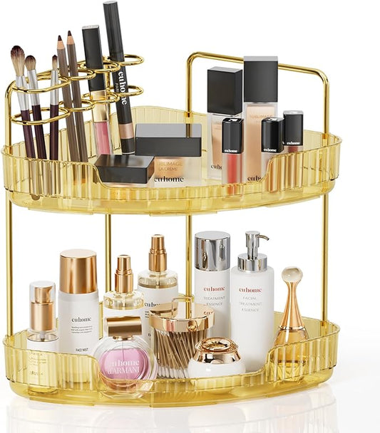 EUHOME 2-Tier Corner Bathroom Counter Organizer Makeup Cosmetic Storage, Tool-Free Installation Acrylic Vanity Shelf, Skin Care Organizer Perfume Tray for Countertop Bathroom, Dresser, Kitchen (Gold)