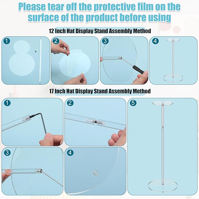 Geetery 8 Pcs Acrylic Hat Stand 12" to 17" Adjustable Clear Wig Display Rack Height Table Hat Holder Pedestal With Round Barbell Base Organizer Acrylic Risers
